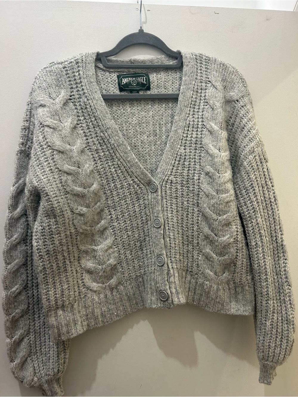 American Eagle Outfitters Light Grey Cable Knit Button Cardigan